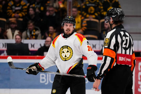 Brynäs Johannes Kinnvall och Domare Mikael Sjöqvist