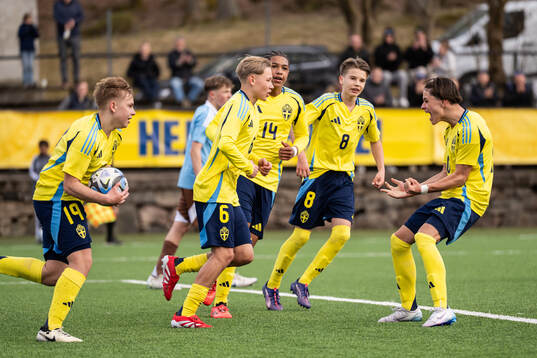 Players of Sweden celebrate 1-1