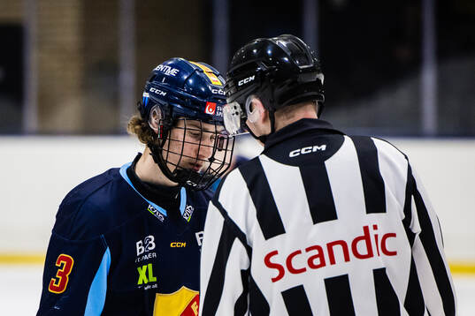 Djurgårdens Eric Nilson i samtal med linjedomare