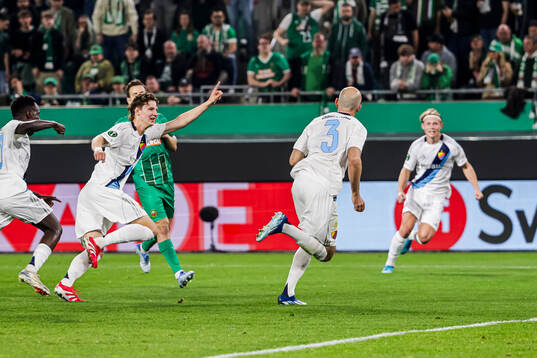 August Priske and Marcus Danielson of Djurgården celebrate