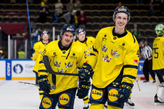 André Petersson and Lukas Vejdemo of Sweden celebrate