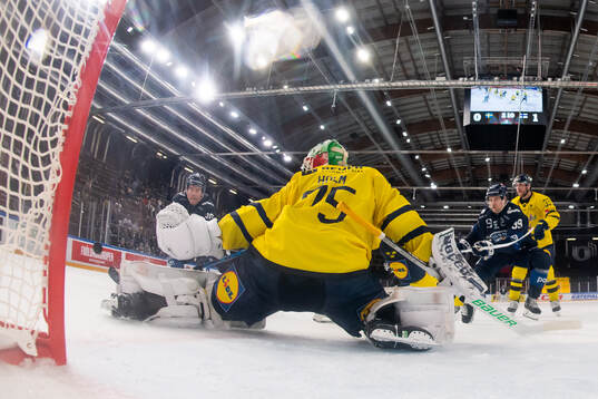 Peetro Seppälä of Finland and goalkeeper Arvid Holm of