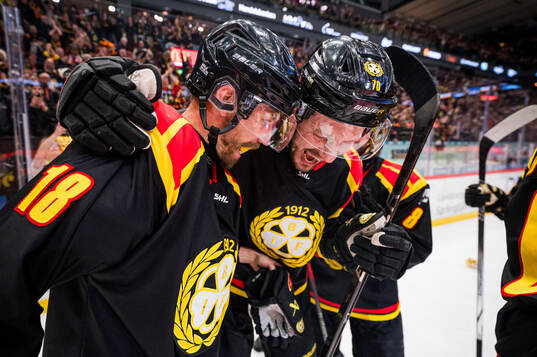 Brynäs Anton Rödin jublar med Miks Indrasis