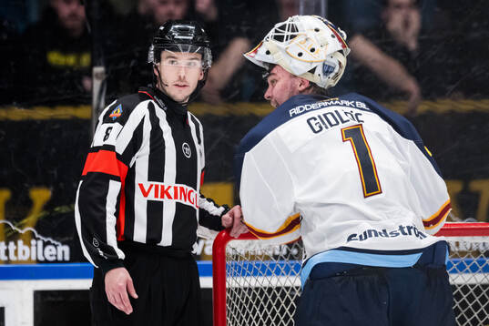 Domare Oscar Niklasson och Djurgårdens målvakt Marcus