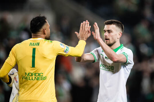 Hammarbys målvakt Warner Hahn och Pavle Vagic jublar