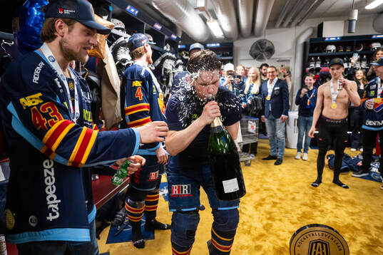 Djurgårdens Max Krogdahl och Arvid Costmar jublar i