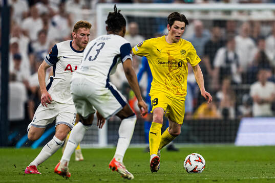 Dejan Kulusevski of Tottenham and Sondre Brunstad Fet of
