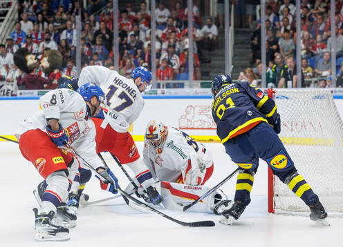 Goaltender Daniel Vladar of Czech Republic and Leo Carlsson