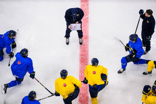 Head coach Sam Hallam of Sweden talking to players at a