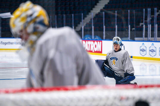 Goaltender Emil Larmi of Finland at a practice session
