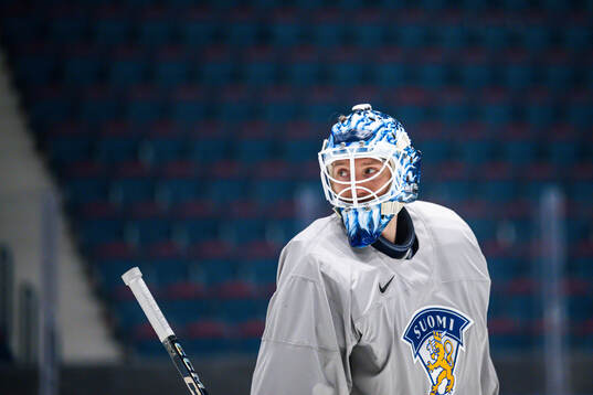Goaltender Emil Larmi of Finland at a practice session