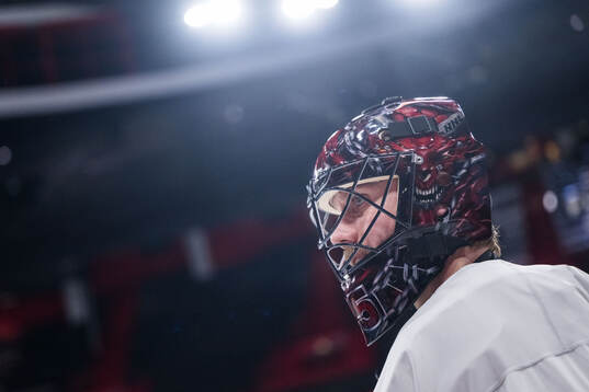 Goaltender Jacob Markström of Sweden at a practice session