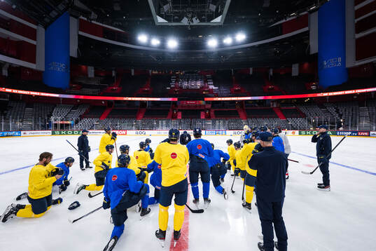 Players of Sweden gather at a practice session