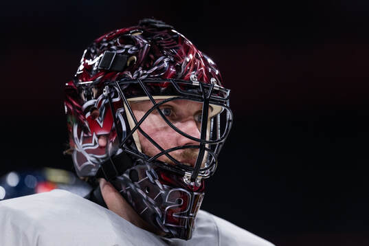 Goaltender Jacob Markström of Sweden at a practice session
