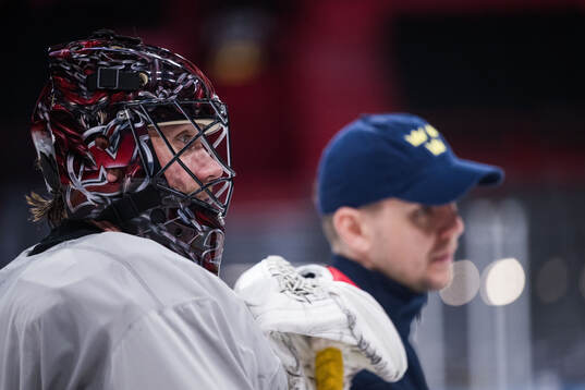 Goaltender Jacob Markström of Sweden at a practice session