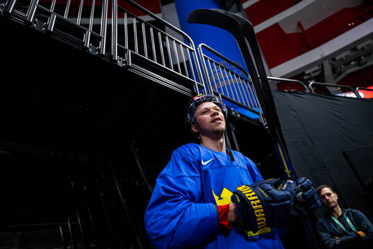 Lucas Raymond of Sweden arrives at a practice session