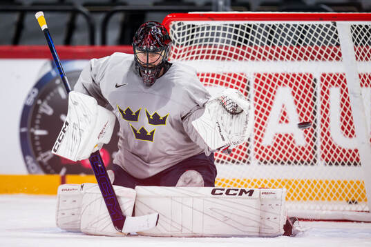 Goaltender Jacob Markström of Sweden at a practice session