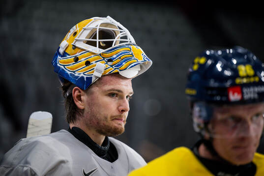 Goaltender Arvid Söderblom of Sweden at a practice session