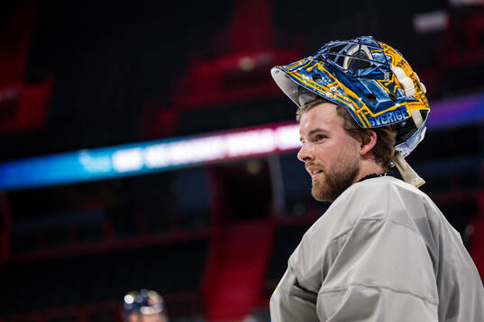 Goaltender Samuel Ersson of Sweden at a practice session
