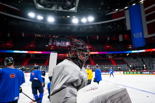 Goaltender Jacob Markström of Sweden at a practice session