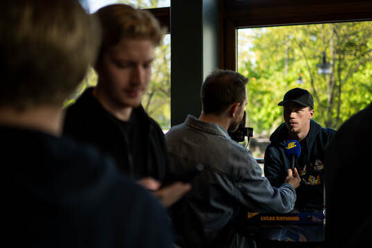 Goaltender Samuel Ersson of Sweden at a press event