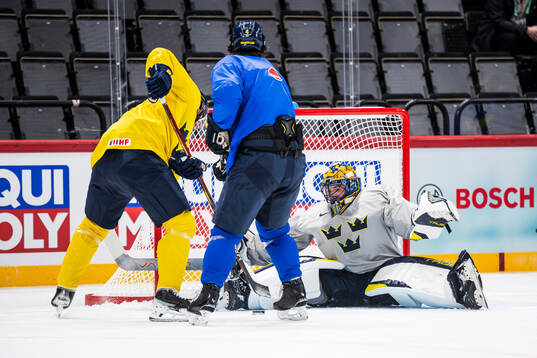 Goaltender Samuel Ersson of Sweden at a practice session
