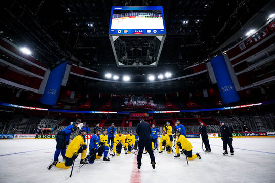 Players of Sweden gather around head coach Sam Hallam at a