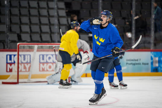 Leo Carlsson celebrates of Sweden at a practice session