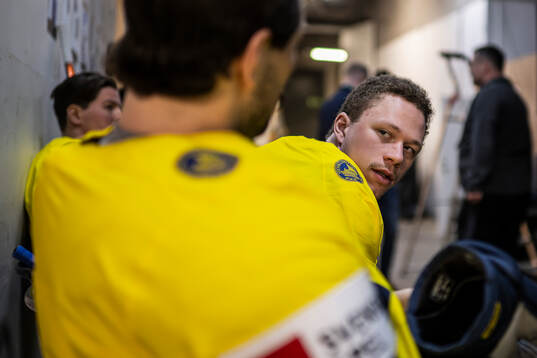 Lucas Raymond of Sweden awaits the IIHF studio