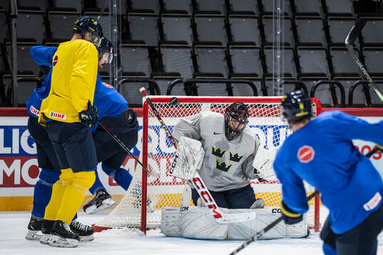 Goaltender Jacob Markström of Sweden at a practice session