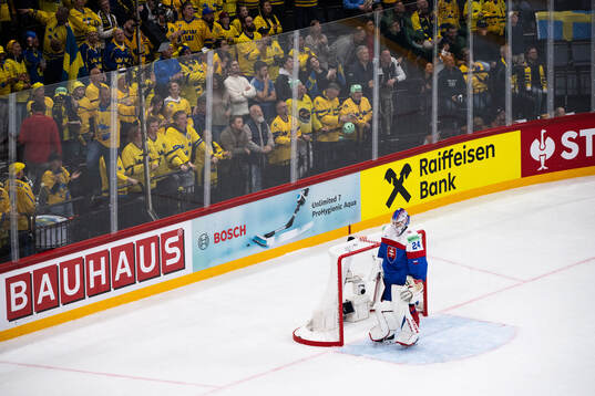 Goaltender Patrik Rybar of Slovakia looks dejected