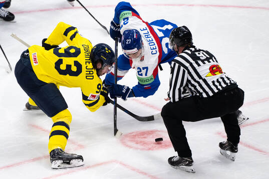 Mika Zibanejad of Sweden and Sebastian Cederle of Slovakia
