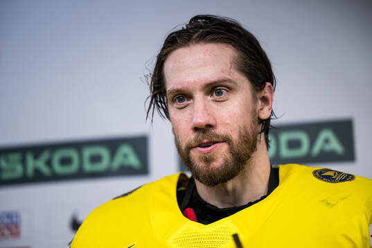 Goaltender Jacob Markström of Sweden is being interviewed