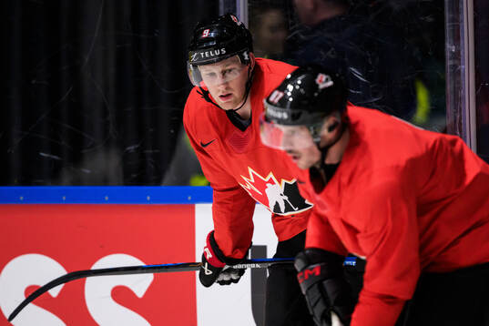 Nathan MacKinnon and Sidney Crosby of Canada at a practice