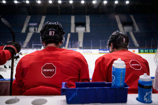 Sidney Crosby and Nathan MacKinnon of Canada at a practice