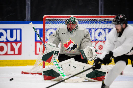 Goaltender Marc-Andre Fleury of Canada at a practice session