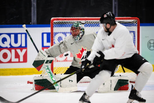 Goaltender Marc-Andre Fleury of Canada at a practice session
