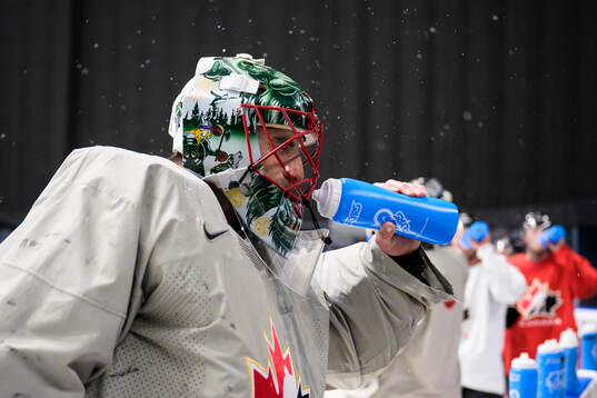 Goaltender Marc-Andre Fleury of Canada at a practice session