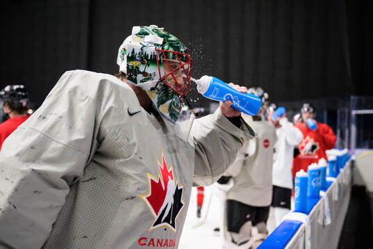 Goaltender Marc-Andre Fleury of Canada at a practice session