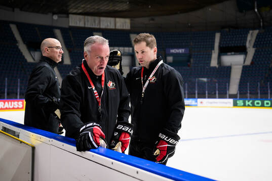 Head coach Dean Evason of Canada at a practice session