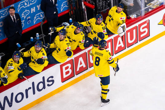 Jonas Brodin of Sweden celebrates