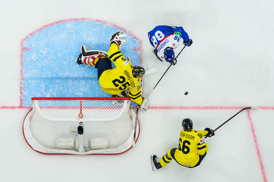 Goaltender Jacob Markström and Erik Gustafsson of Sweden