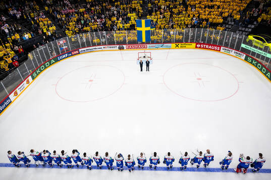 Players of Slovakia as the Swedish flag is raised and the