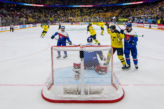 Elias Lindholm and Emil Heineman of Sweden celebrate