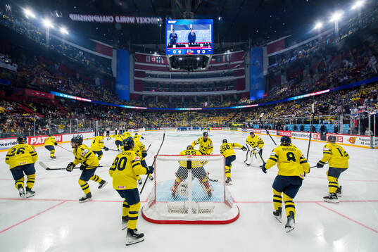 Goaltender Jacob Markström of Sweden with team mates