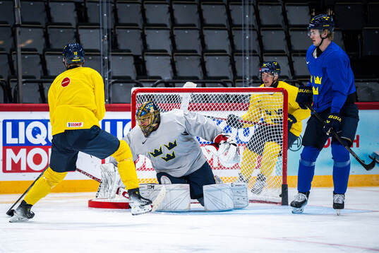 Goaltender Jacob Markström of Sweden at a practice session