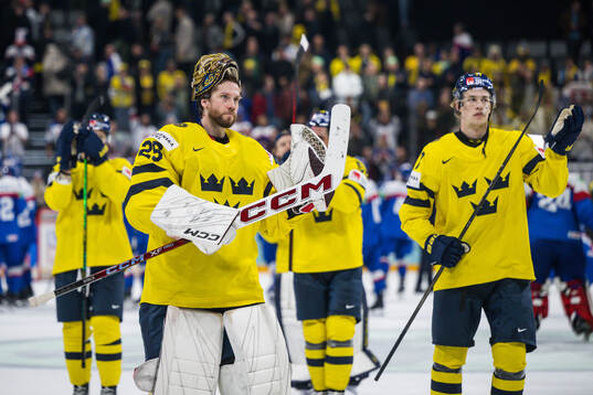 Goaltender Jacob Markström of Sweden celebrates
