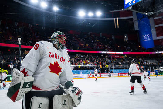 Goaltender Marc-André Fleury of Canada at warm-up