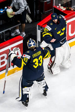 Goaltenders Samuel Ersson and Jacob Markström of Sweden