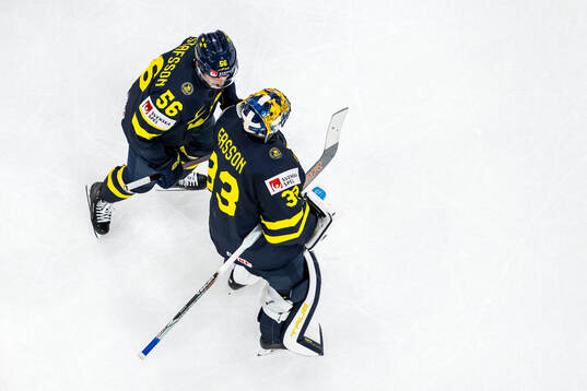 Erik Gustafsson and goaltender Samuel Ersson of Sweden